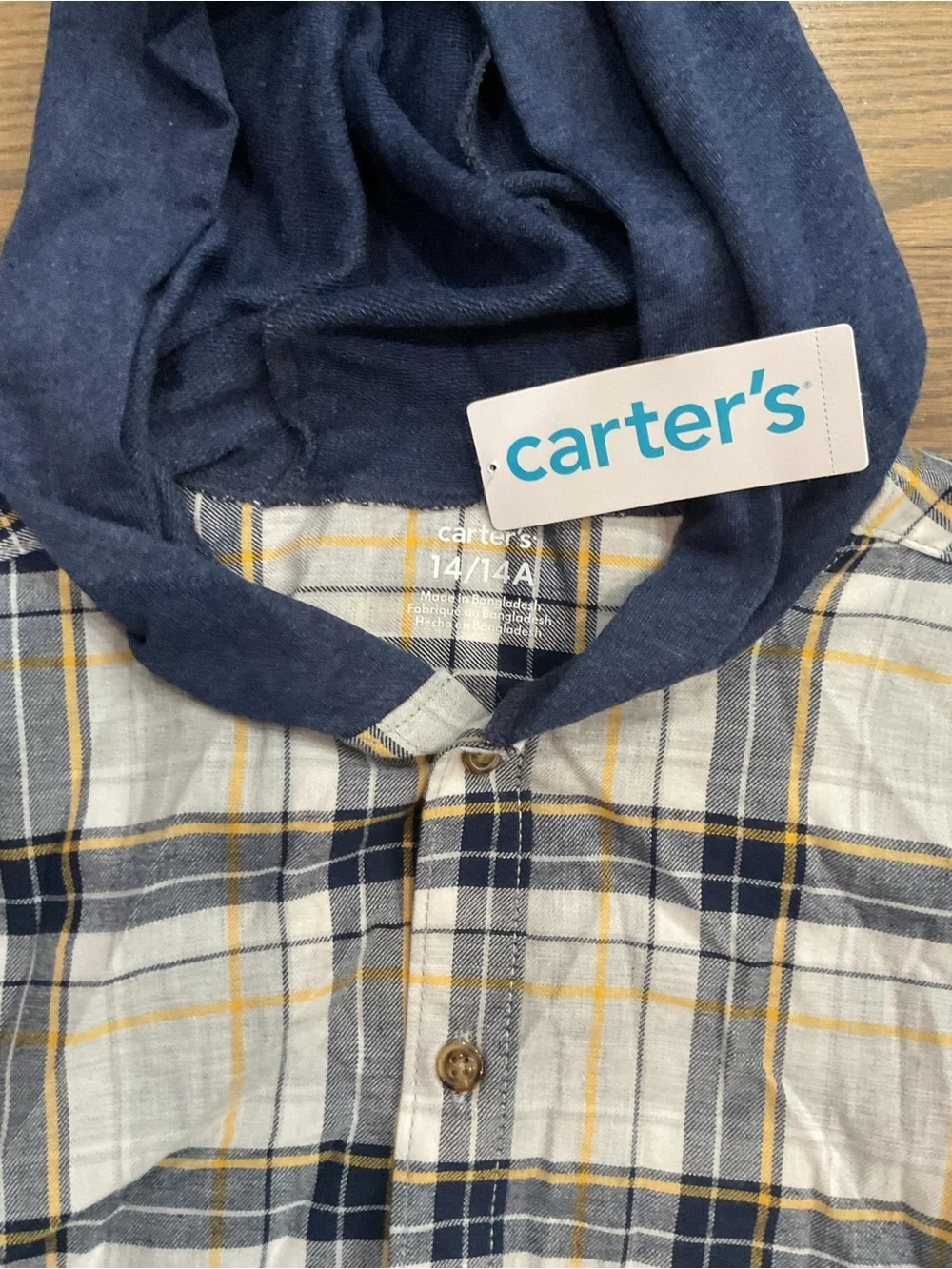 Carter's Boys Navy Blue Plaid Hooded Button-Up Shirt Size 14 NWT